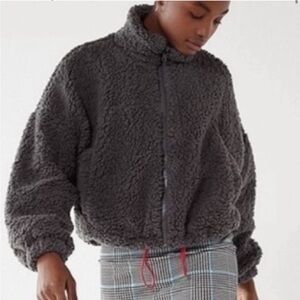 Urban Outfitters Cropped Teddy Jacket Grey XS